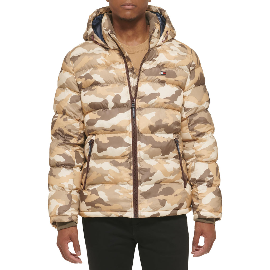 Tommy Hilfiger Mens Hooded Puffer Jacket Khaki Camo XX-Large