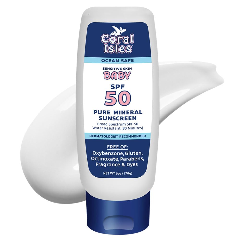 CORAL ISLES | Baby SPF 50 Zinc Sunscreen | Reef Safe Sunscreen | Broad Spectrum UVA/UVB | Fragrance Free Water & Sweat Resistant | Zinc Oxide Sunscreen for Sensitive Skin | 6 FL Oz Bottle