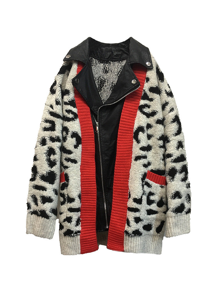 Leopard Print PU Leather Jacket with Zipper Pockets