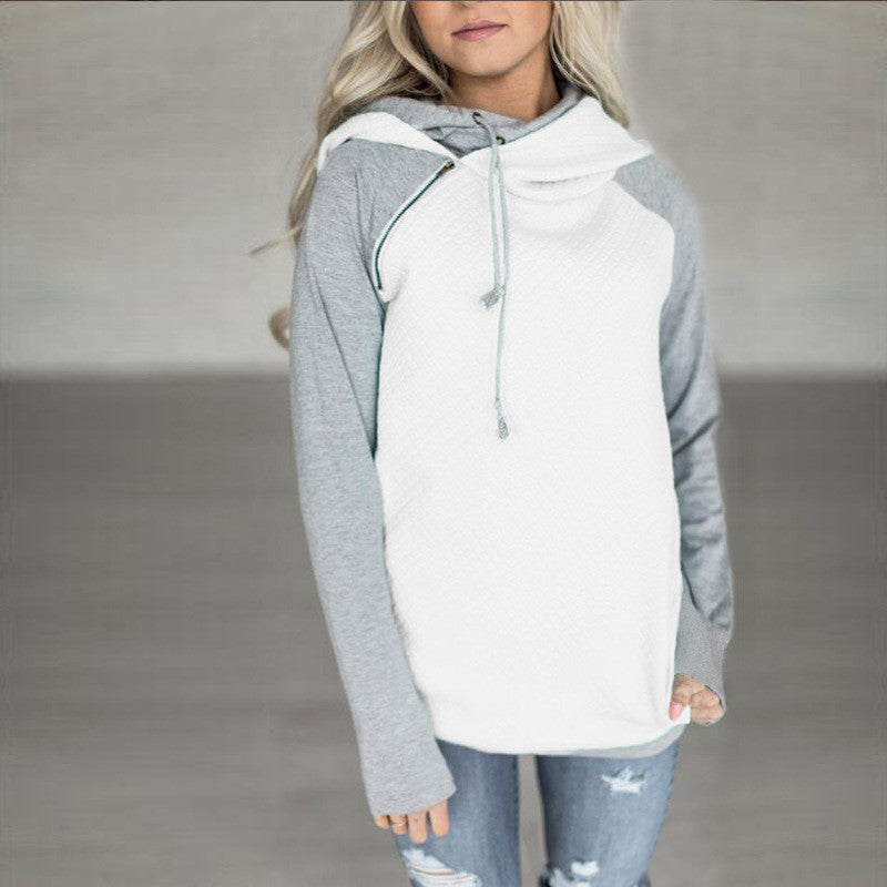 Oblique Zipper Double Hood Plaid Hoodie Sweatshirt