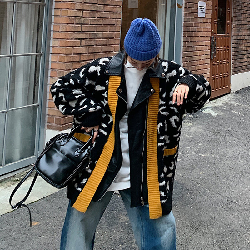 Leopard Print PU Leather Jacket with Zipper Pockets