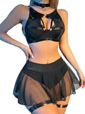 Lilosy Petit ensemble de lingerie sexy en résille avec tour de cou, bretelles, armatures, anneau, push-up, porte-jarretelles, harnais, soutien-gorge découpé, culotte et jupe 5 pièces noir XXS