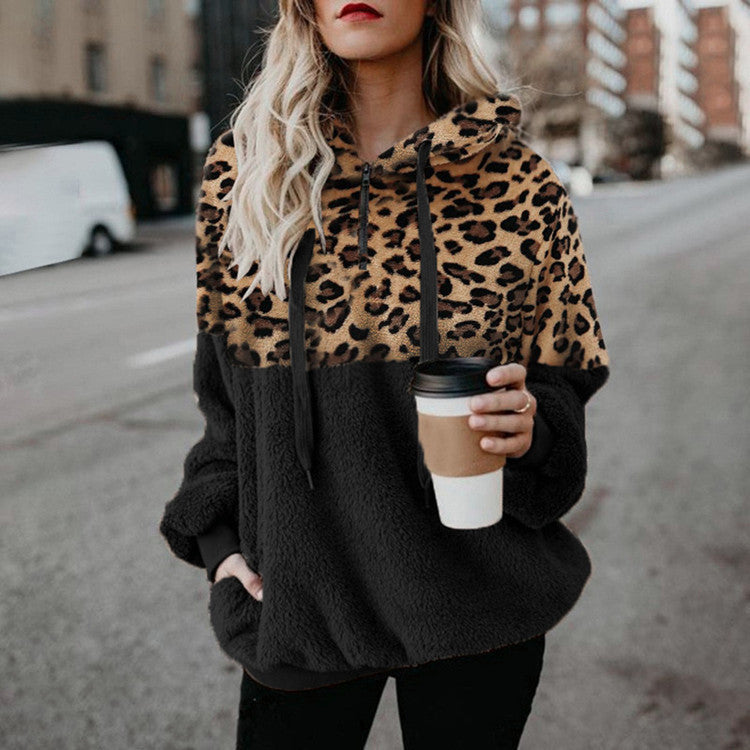 Women's Plush Hoodie with Leopard Print and Zipper Pockets