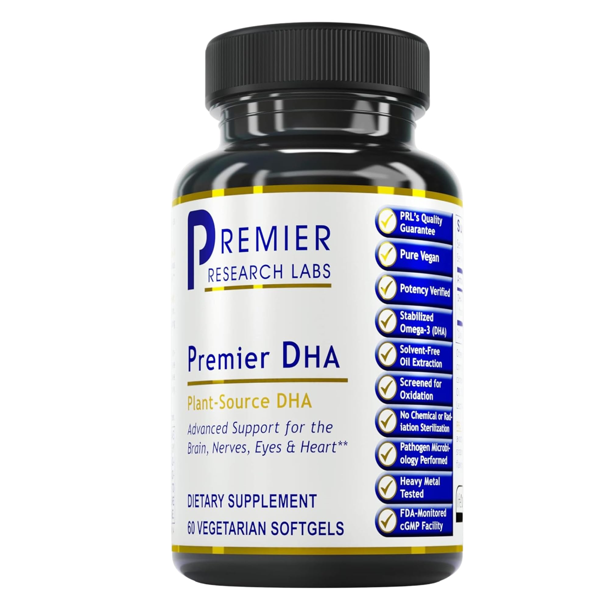 Premier DHA 60 Softgels Vegan Product - Plant-Source DHA for Premier Support for The Brain Nerves Eyes and Heart