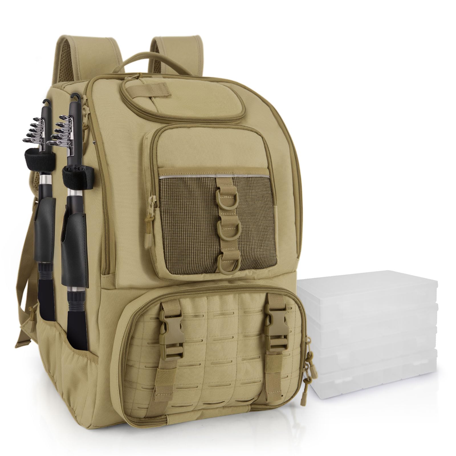 CMOOD Fishing Backpack with Rod Holders and 4 Tackle Boxes 40L Tackle Bag Waterproof Fishing Tackle Backpack Lightweight Tackle Box Backpack for Fishing Hiking Camping Fishing Gifts for Men