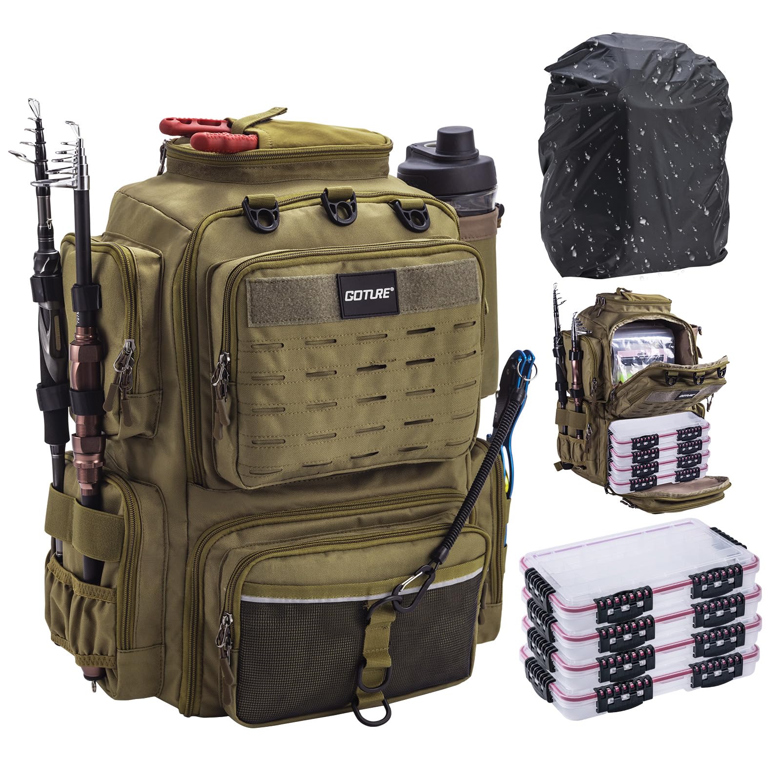 CMOOD Fishing Backpack with Rod Holders and 4 Tackle Boxes 40L Tackle Bag Waterproof Fishing Tackle Backpack Lightweight Tackle Box Backpack for Fishing Hiking Camping Fishing Gifts for Men