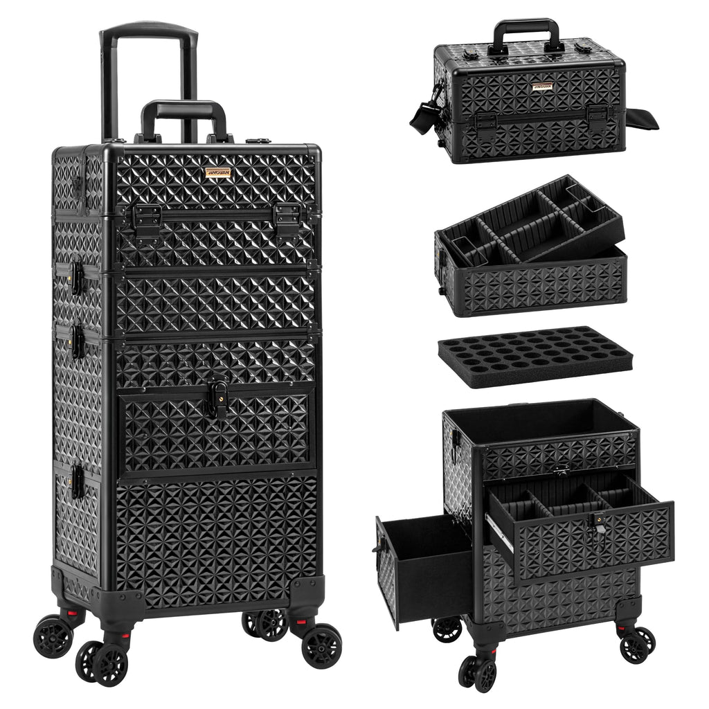 JINGUAN 4 in 1 Rolling Makeup Case with Drawers Multi-functional Cosmetic Trolley with Wheels and Keys Large Storage Traveling Cart Trunk for Nail Technicians Makeup Artist and Hairstylist Black