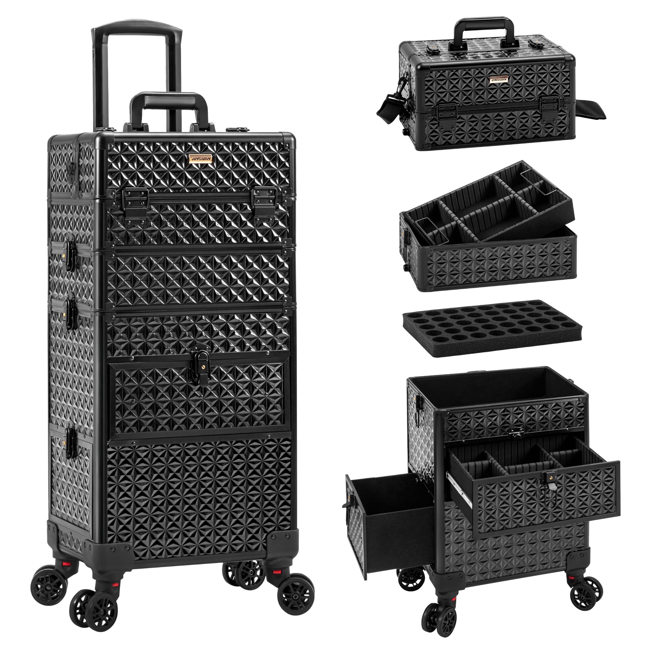 JINGUAN 4 in 1 Rolling Makeup Case with Drawers Multi-functional Cosmetic Trolley with Wheels and Keys Large Storage Traveling Cart Trunk for Nail Technicians Makeup Artist and Hairstylist Black