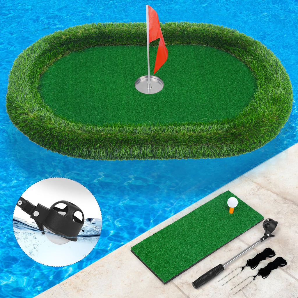 Sagsewful Floating Golf Green for Pool Floating Chipping Green Mat with Ball Retriever for Pool/Lake No Drifting Floating Golf Putting Turf Game Set for Golfers (Oval)