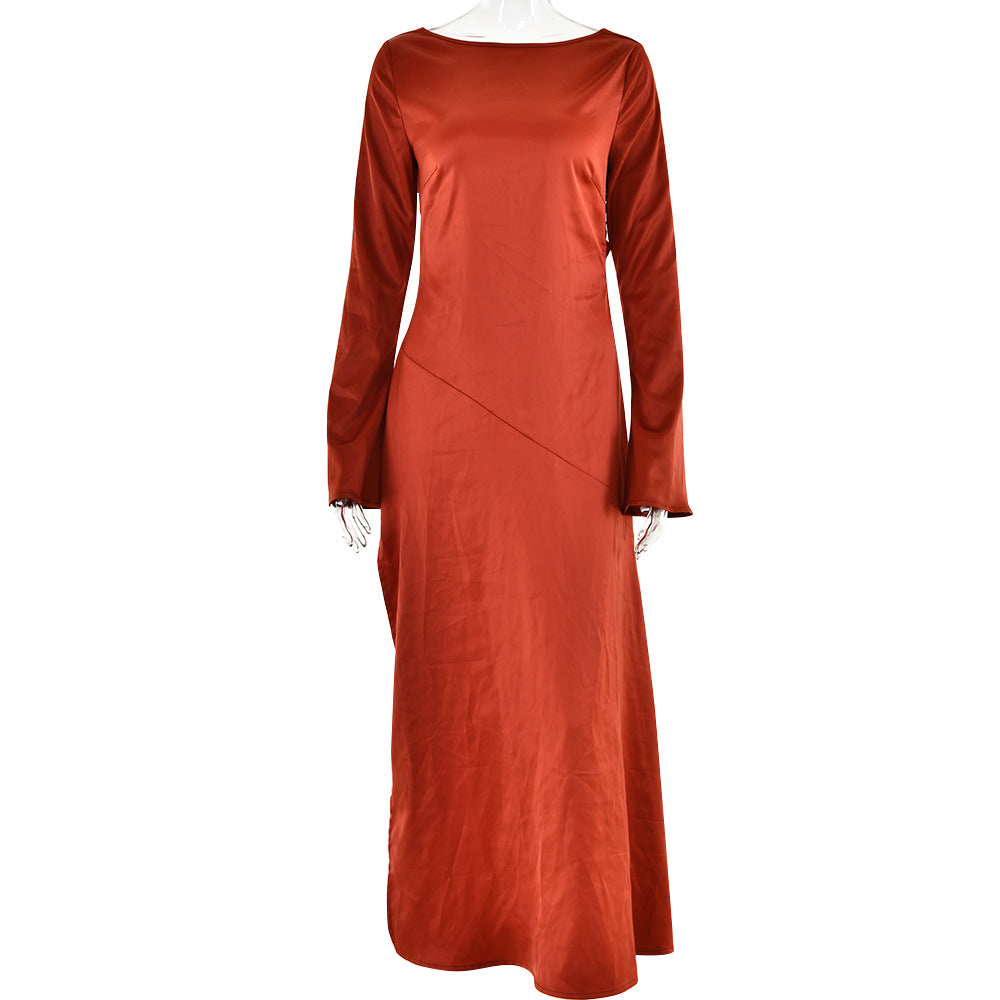 Trendy Long Sleeve Satin Backless Split Dress 2023
