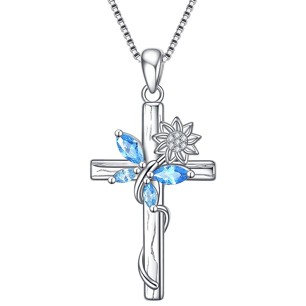 Blue Crystal Butterfly Sunflower Cross Pendant Necklace