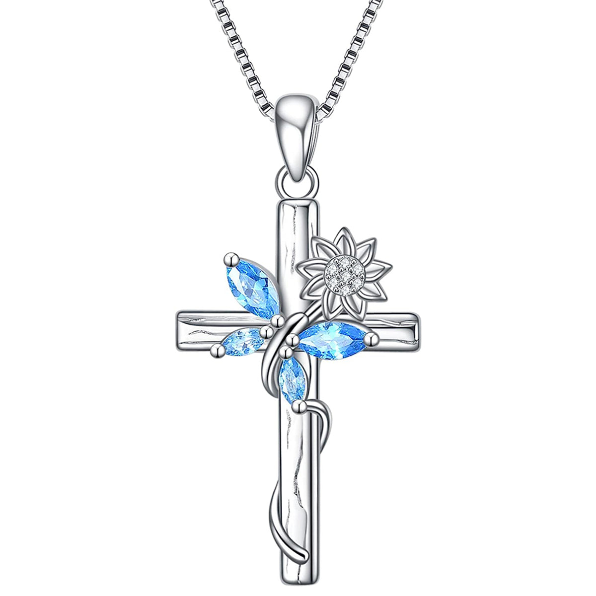 Blue Crystal Butterfly Sunflower Cross Pendant Necklace
