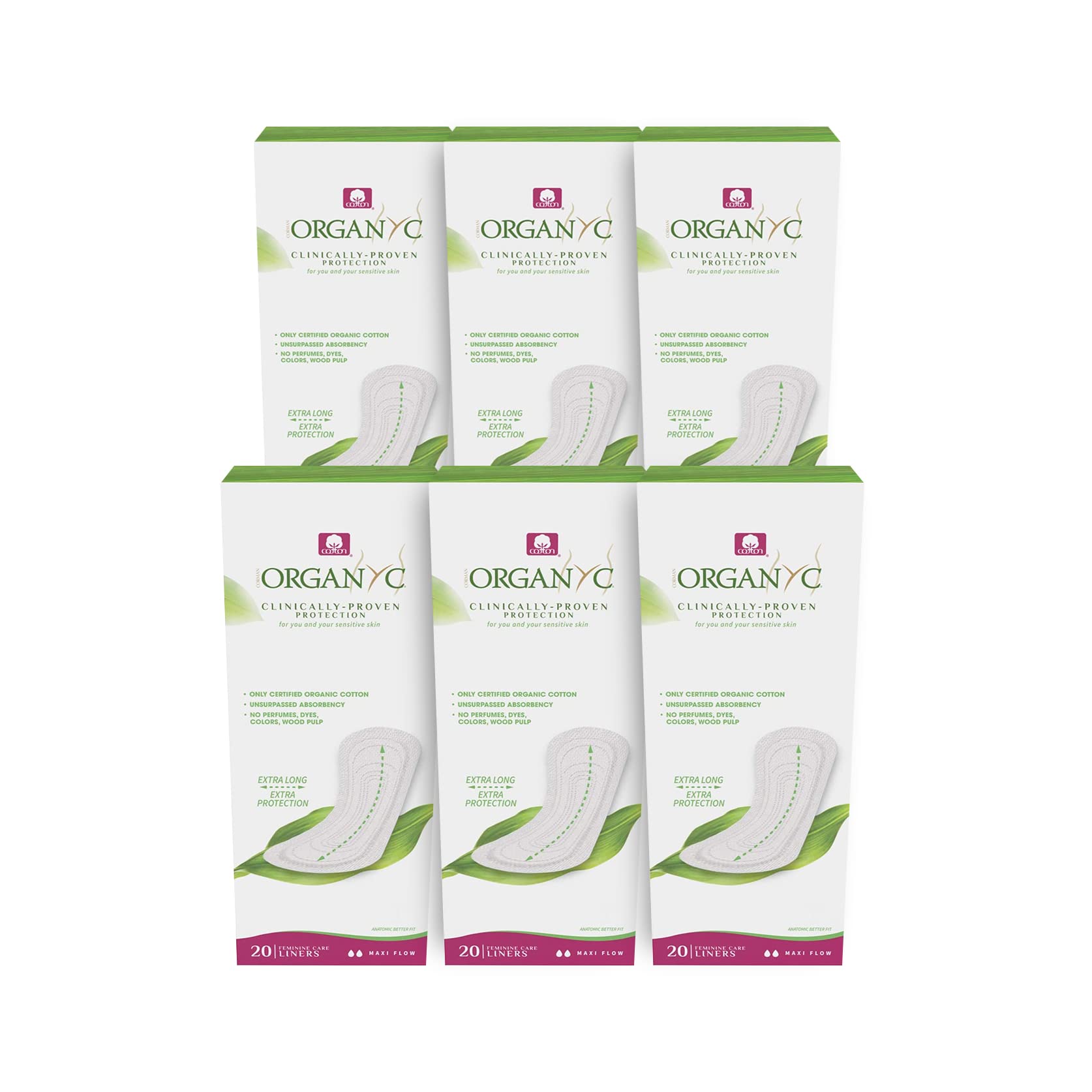Organyc - 100% Certified Organic Cotton Flat Panty Liner - Everyday Sanitary Pad Free from Wood Pulp Perfumes SAP and Chemicals Maxi Flow 120 Count(6 Pack Maxi Flow)