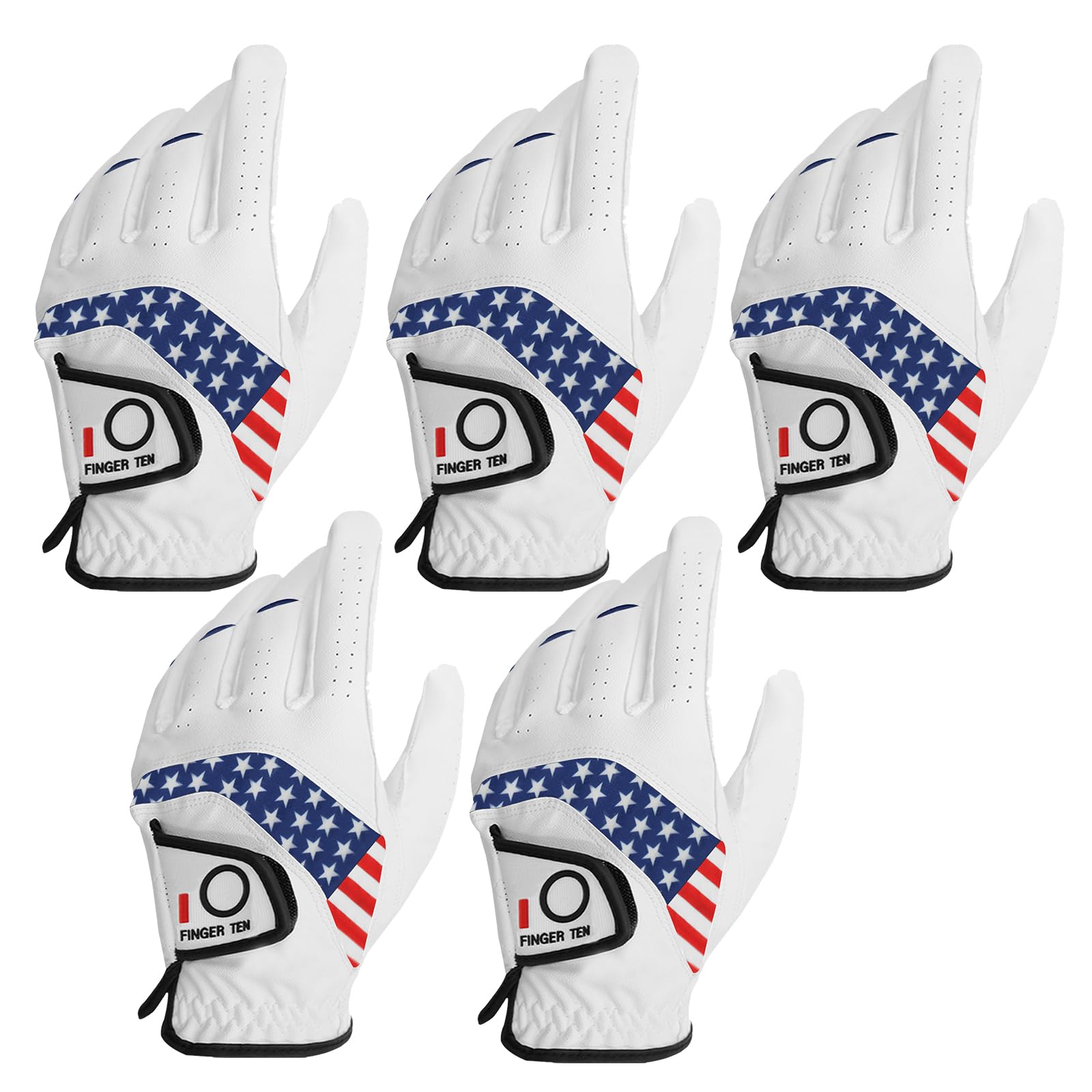 FINGER TEN Golf Gloves Men Left Hand Right Leather Value 5 Pack Mens Golf Glove for Right Left Handed Golfer All Weather Grip XXL 3XL (USA Flag XX-Large(Worn On Left Hand))