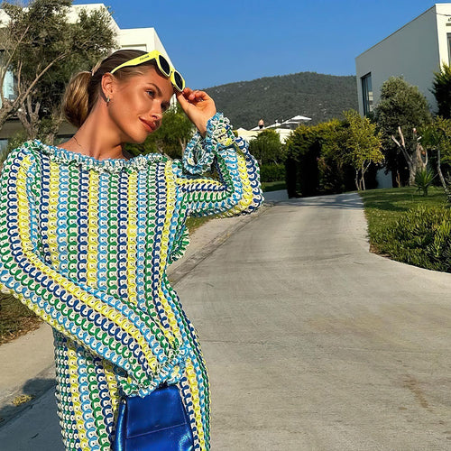 2023 Color Block Lace Backless Long Sleeve Dress