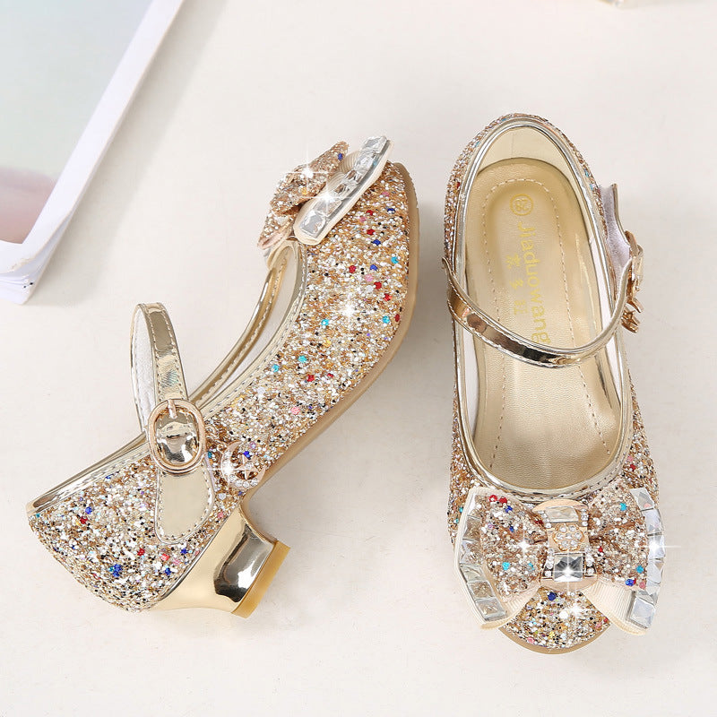 Girls' Casual Glitter High Heel Leather Shoes with Bow