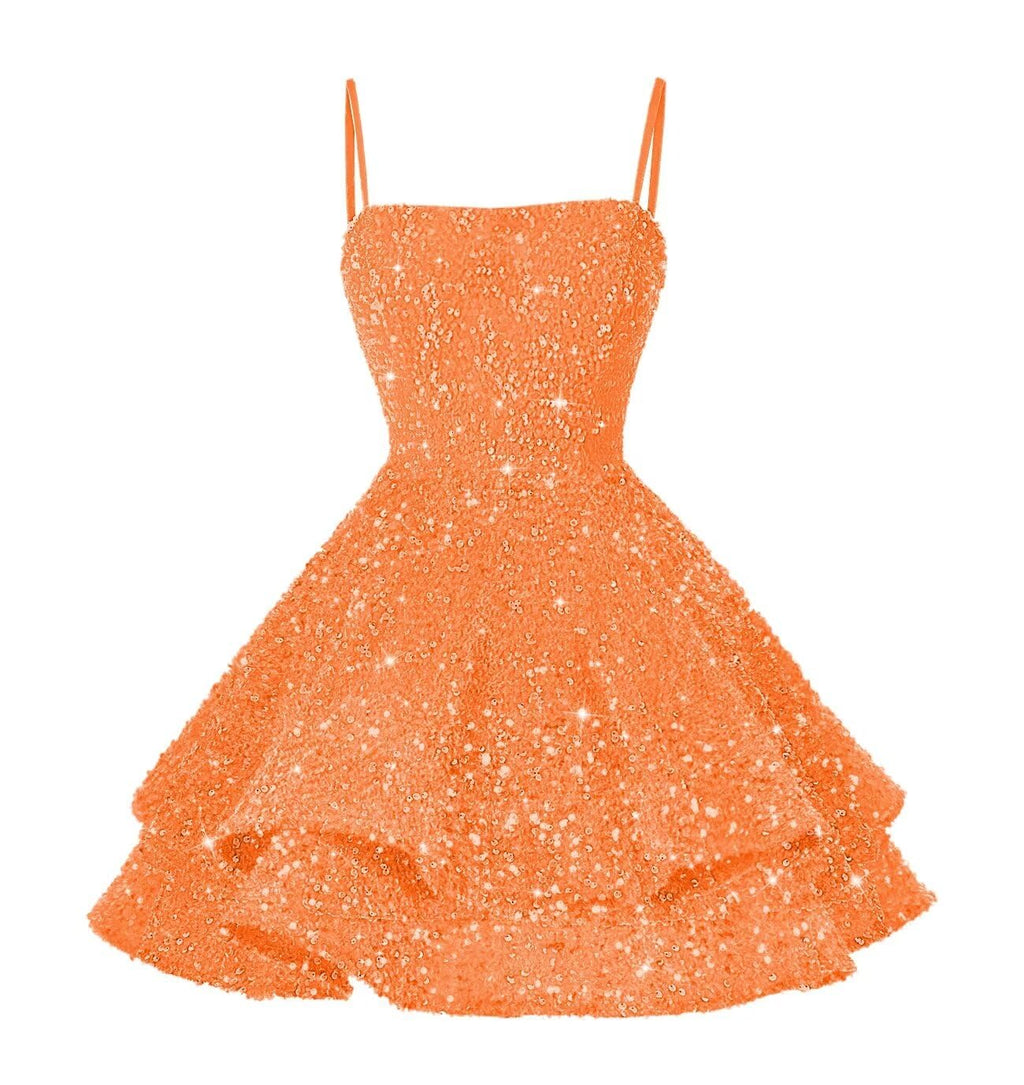 YOFF Sparkly Sequin Tiered Homecoming Dresses Short Spaghetti Straps Prom Dresses A-line Scoop Neck Evening Cocktail Gowns for Juniors Orange 2