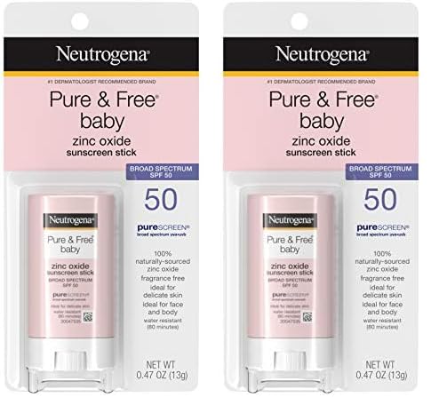 Neutrogena Pure & Free Baby Mineral Sunscreen Stick with Broad Spectrum SPF 50 & Zinc Oxide Water-Resistant Hypoallergenic Paraben- Dye- & PABA-Free Baby Face & Body Sunscreen 0.47 oz (Pack of 2)