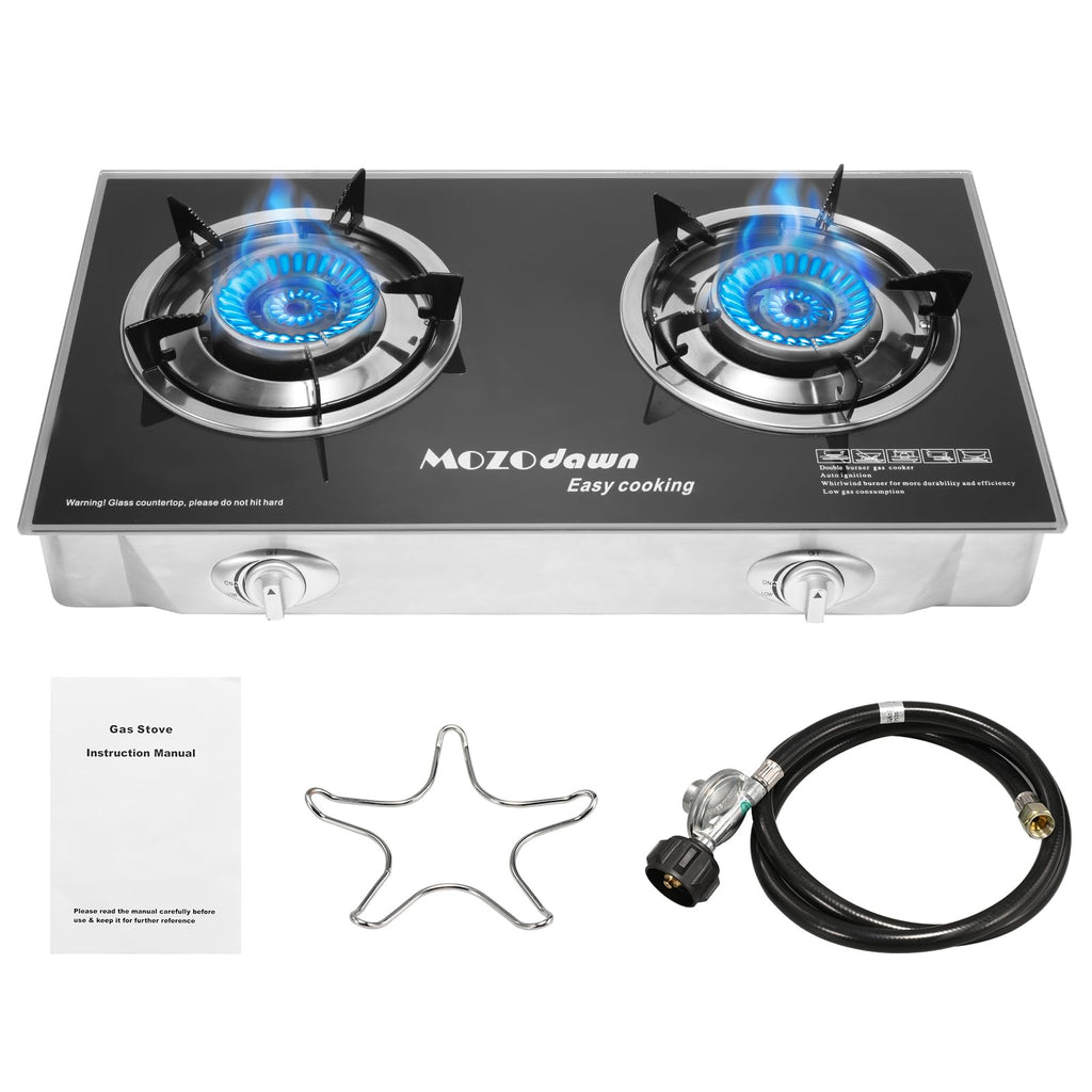 MOZODAWN Propane Stove 2 Burner Gas Outdoor Portable Camping Stove 30000 BTU Propane Burner with Auto IgnitionLPG Gas Stove for Camping with LPG Adapter Hose