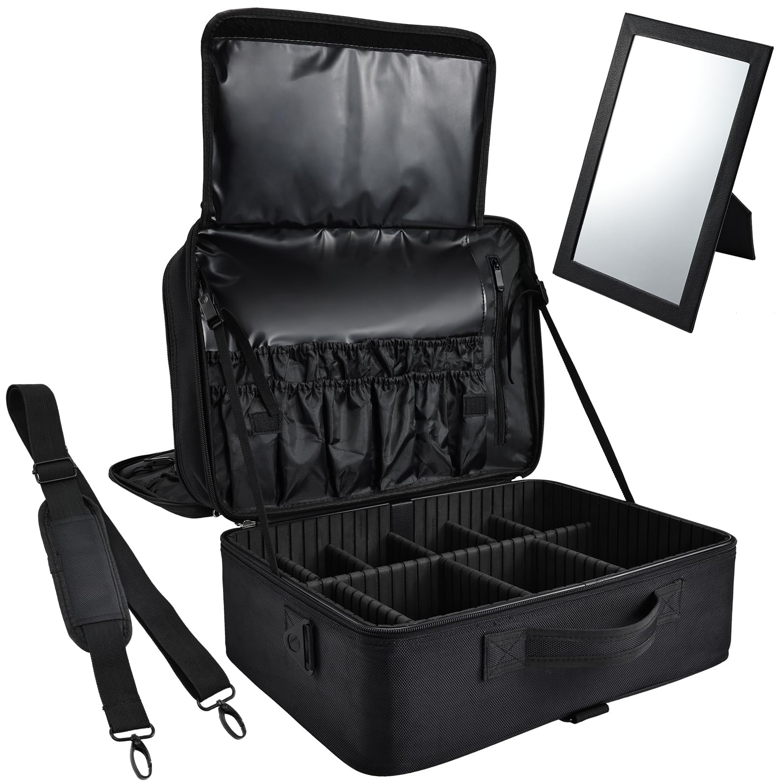 Adazzo Extra Large Professional Makeup Case 17x12x8 INCH Travel Makeup Train Case 3 Layers Makeup Artist Bag Nail Cases Organizer Box with Mirror/Shoulder Strap/Attach to Suitcase