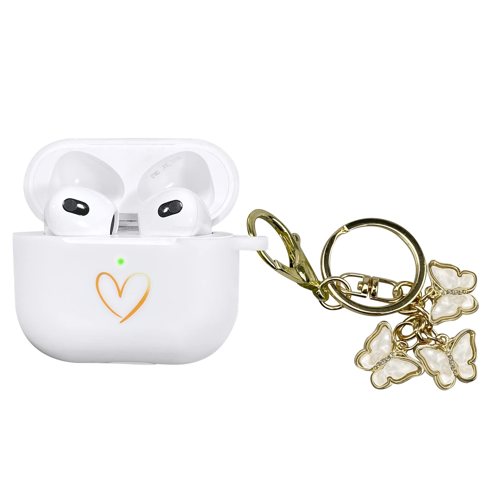 AIIEKZ Συμβατό με Θήκη AirPods 3 2021, Μαλακή Θήκη Σιλικόνης με Σχέδιο Χρυσή Καρδιά για AirPods 3ης Γενιάς με Χαριτωμένο Μπρελόκ Πεταλούδα για Κορίτσια Γυναίκες (Λευκό)
