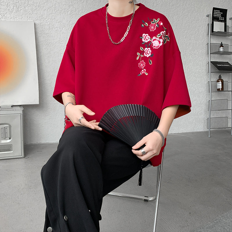Embroidered Flower Oversized T-Shirt for Couples
