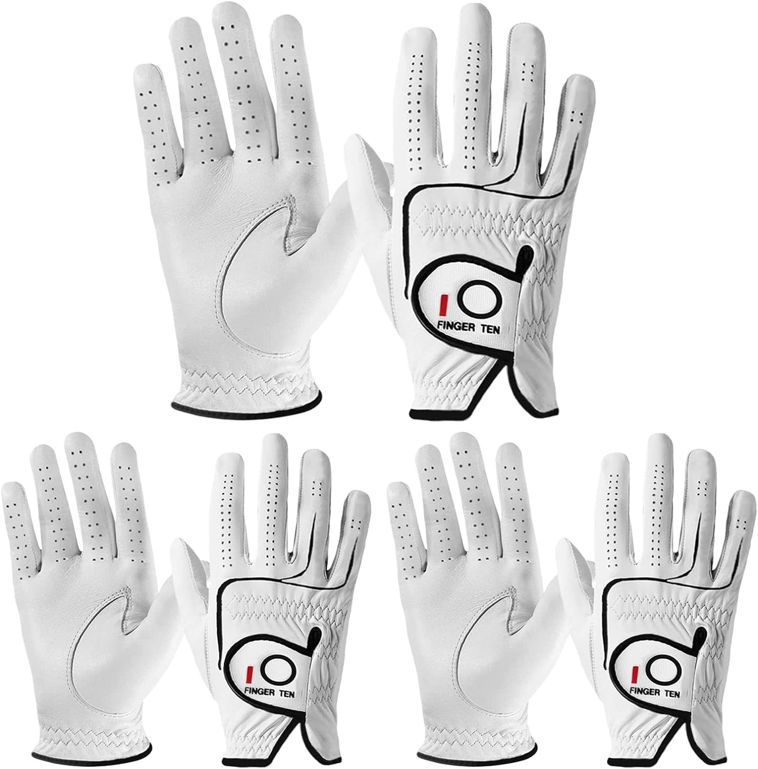 FINGER TEN Golf Gloves Men Right Handed Left Golfer Cabretta Leather Value 3 Pack Mens Glove Soft Grip Cadet Size Small Medium Large XL XXL (Natural White Large Right)