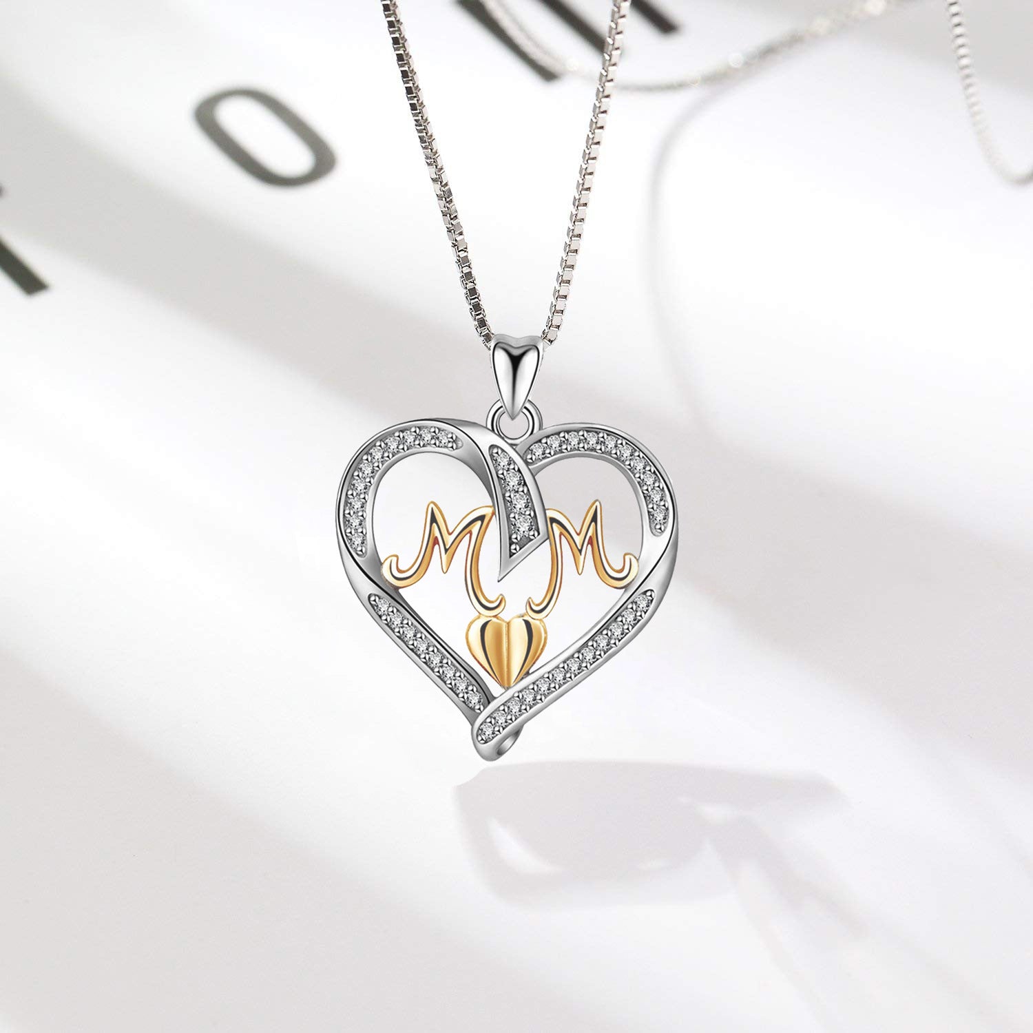 S925 Sterling Silver Heart MOM Pendant Necklace for Women