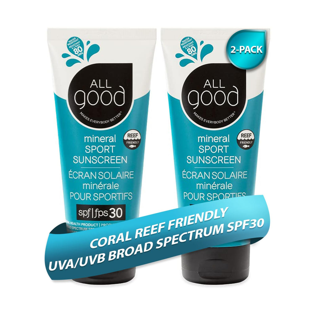 All Good Sunscreen - Sport Mineral Sunscreen Lotion Reef Friendly SPF 30+ for Face & Body Water & Sweat Resistant 2-pack (3 oz)