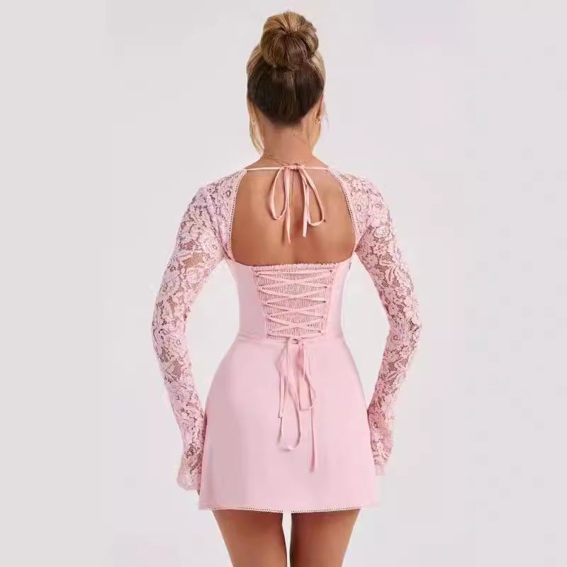2023 Women's Fashion Lace Backless Long Sleeve Dress