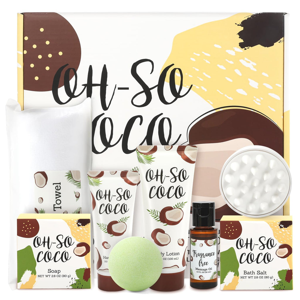 Coffret cadeau femme BFFLOVE 8 pièces Cadeaux de spa à la noix de coco pour femme Set de bain pour femme avec bombe de bain, bougie parfumée, huile de massage, serviette Cadeaux d'anniversaire pour maman Cadeaux de Noël pour femme