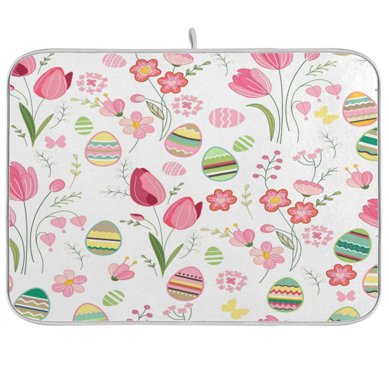 ALAZA Spring Eggs Flowers Easter Decorations Στεγνωτήρι πιάτων για πάγκο κουζίνας, απορροφητικό μικροϊνών, μικρό στρώμα στεγνώματος, χαλάκια πιάτων για πάγκους κουζίνας 40,6 x 45,7 cm