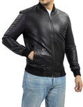 Blouson aviateur en cuir style universitaire Jild pour homme - Veste en cuir MA-1 classique décontractée en agneau véritable pour homme (Rib-Blk-XL)