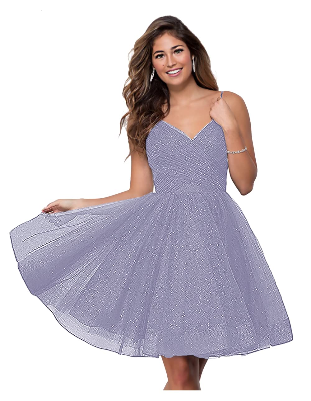 WaterDress Tulle Short Spaghetti Straps Homecoming Dress for Teens V-Neck Short Cocktail Dresses A Line for Juniors Lavender 16