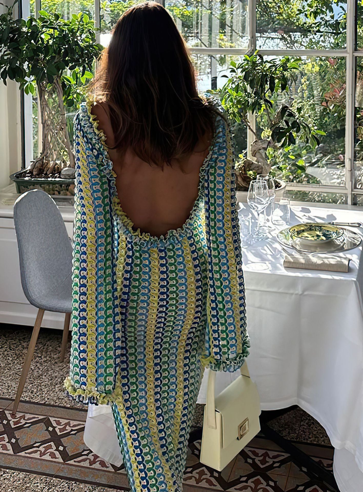 2023 Color Block Lace Backless Long Sleeve Dress