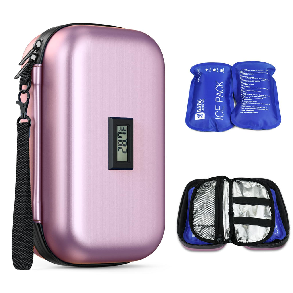 WOODAKE Insulin Cooler Travel Case TSA Approved Medication Cooler with Digital Thermometer Portable Diabetes Travel Case with Ice Packs for Insulin Pens Insulin Cooling Case for Travel（Pink）