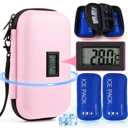 24h Insulin Cooler Travel Case TSA Approved Medication Diabetic Cooler for Travel with Thermometer Temperature Display with 2Pack Reusable Ice Bag