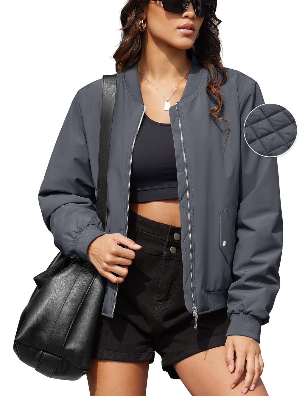 MAGCOMSEN Womens Bomber Jacket Winter Lightweight Quilted Coat Casual Windbreaker Zip Up Long Sleeve Outerwear with Pockets Dark Grey 2XL