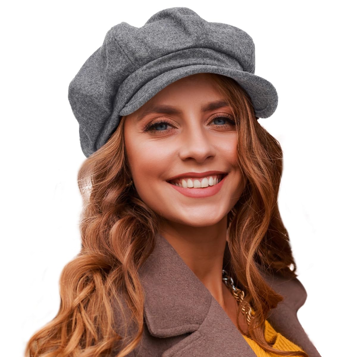 Women Octagonal Newsboy Cap Vintage Wool 8 Panels Cabbie Gatsby Visor Beret Hats Dark Grey