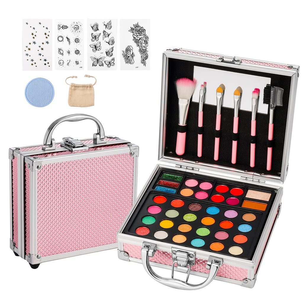 Anpro All-In-One Makeup Carry Case with Pro Teen Makeup Set Full Starter Cosmetics Kit with Makeup Brushes Eye Shadows Palette Blushes Glitter Gel Temporary Tattoo Stickers - Pink