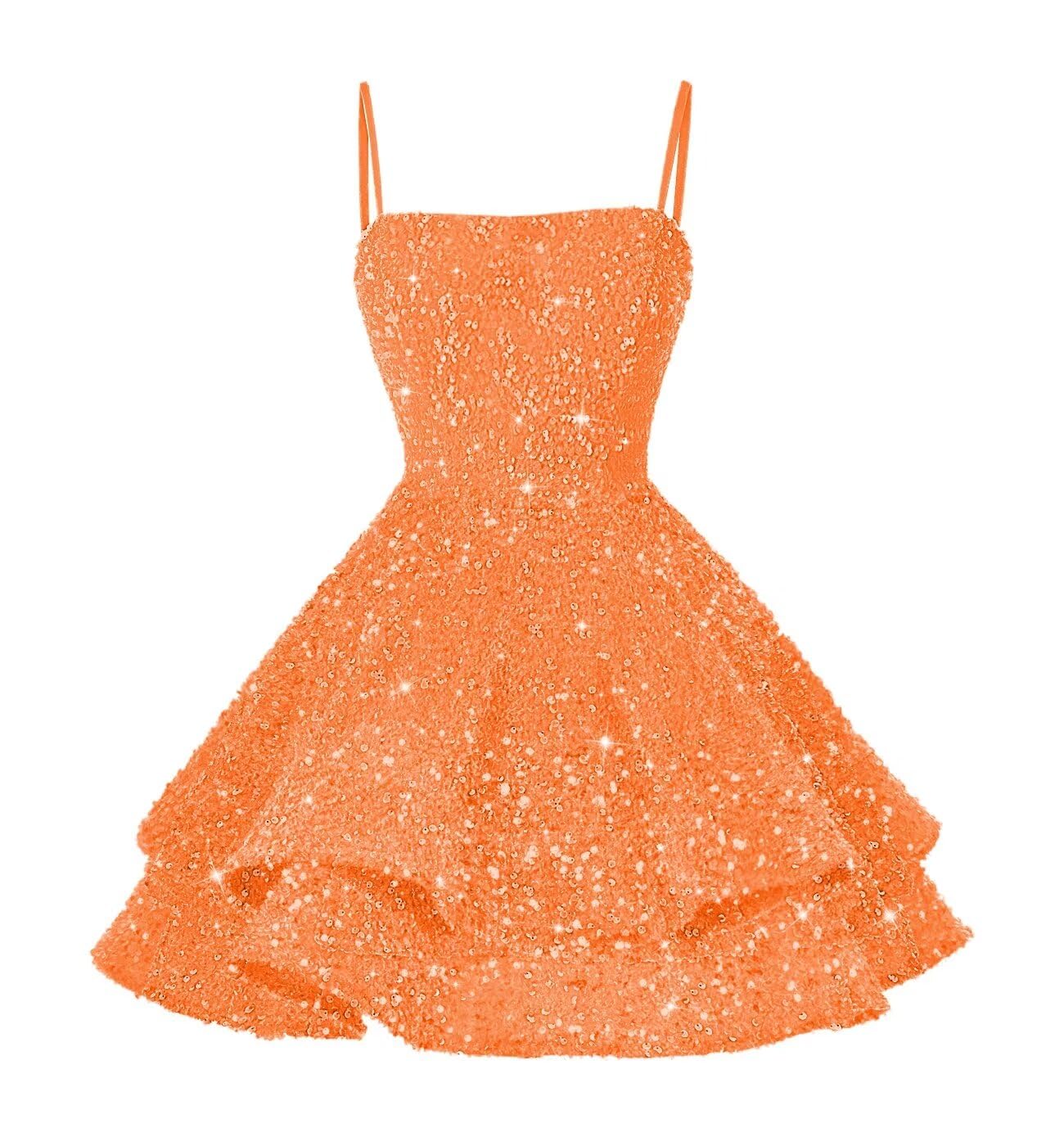 YOFF Sparkly Sequin Tiered Homecoming Dresses Short Spaghetti Straps Prom Dresses A-line Scoop Neck Evening Cocktail Gowns for Juniors Orange 2