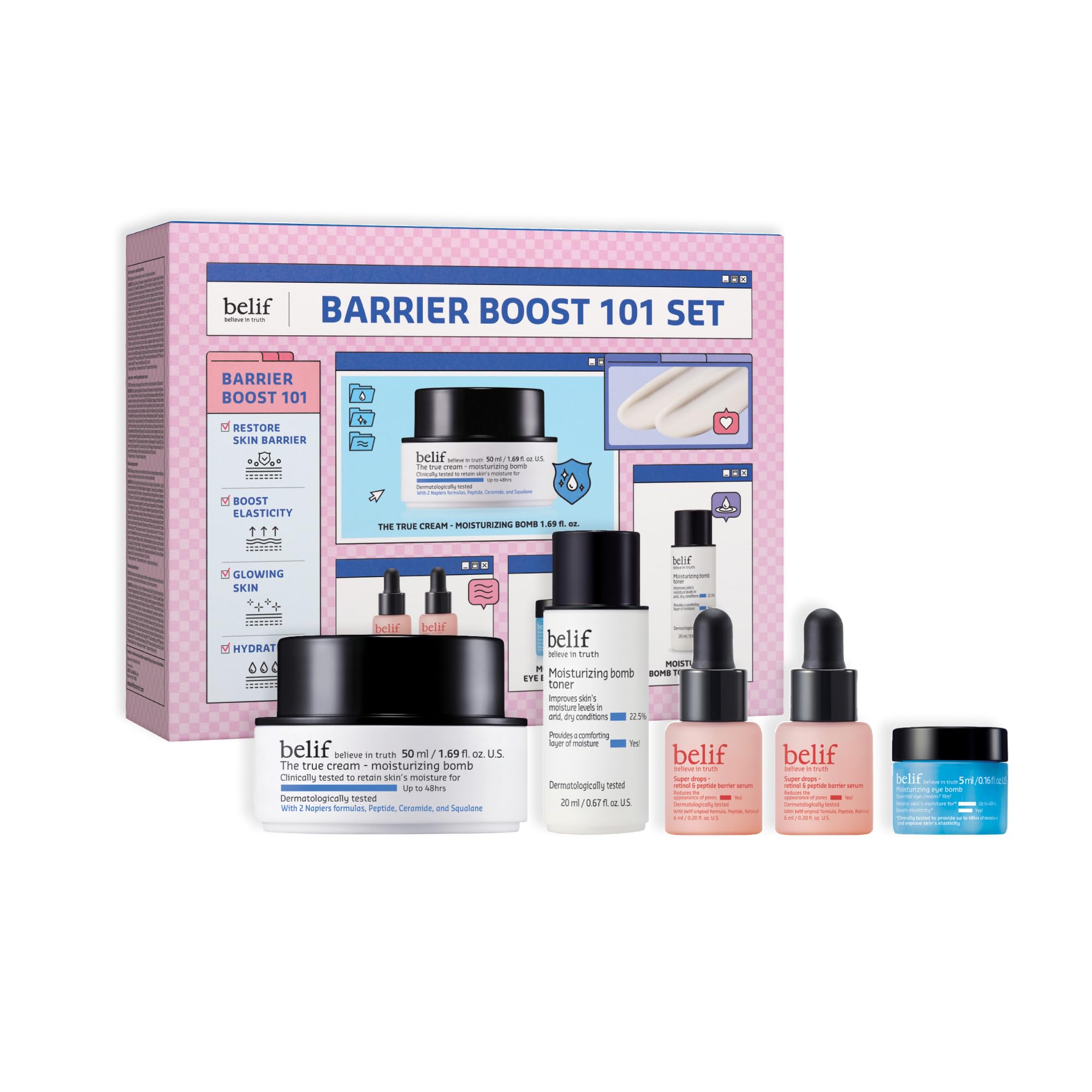 belif Barrier Boost 101 Limited Edition Set: Ενυδατική Κρέμα Προσώπου Moisturing Bomb κανονικού μεγέθους 50ml & Toner Moisturizing Bomb μεγέθους deluxe 2x Ορός Retinol & Peptide Barrier Κρέμα Ματιών Moisturizing Eye Bomb Σετ 5 τεμαχίων