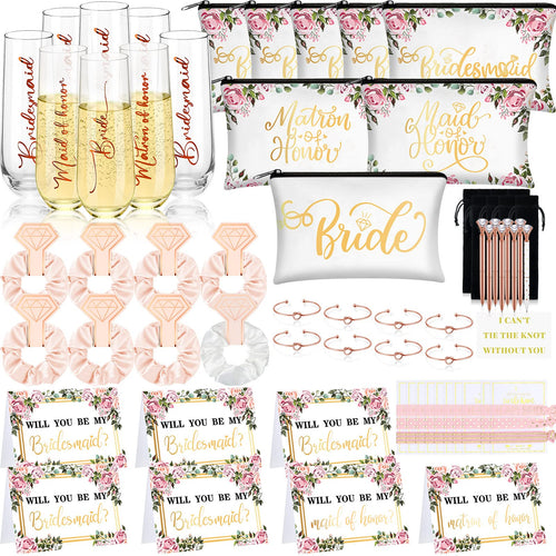 87Pcs Bridesmaid Proposal Gifts Maid of Honor Gifts Matron of Honor Gift Will You Be My Bridesmaid Gift Brides Bridesmaid Champagne Flutes Cosmetic Bags Hair Scrunchies Diamond Pen (Pink)