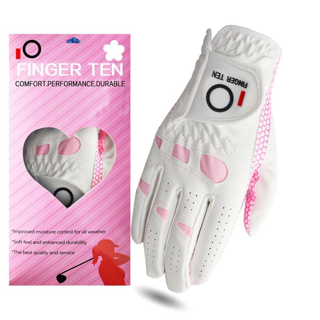 FINGER TEN Ladies Golf Gloves Left Right Hand 1 Pack Golf Glove for Womens Golfer Lh Rh All Weather Grip Size Fit XS Small Medium Large XL (Pink X-Large (Worn On Right Hand))