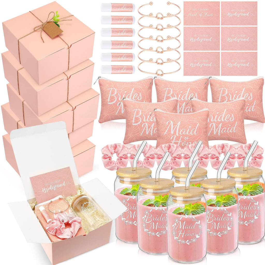 FillTouch 42 Pcs Bridesmaid Proposal Gifts Bridal Shower Gifts Include Wedding Gift Box Makeup Bags Invited Cards Glass Cup Lip Balm Scrunchies Hair Knotted Bracelets for Maid of Honor Gifts(Pink)