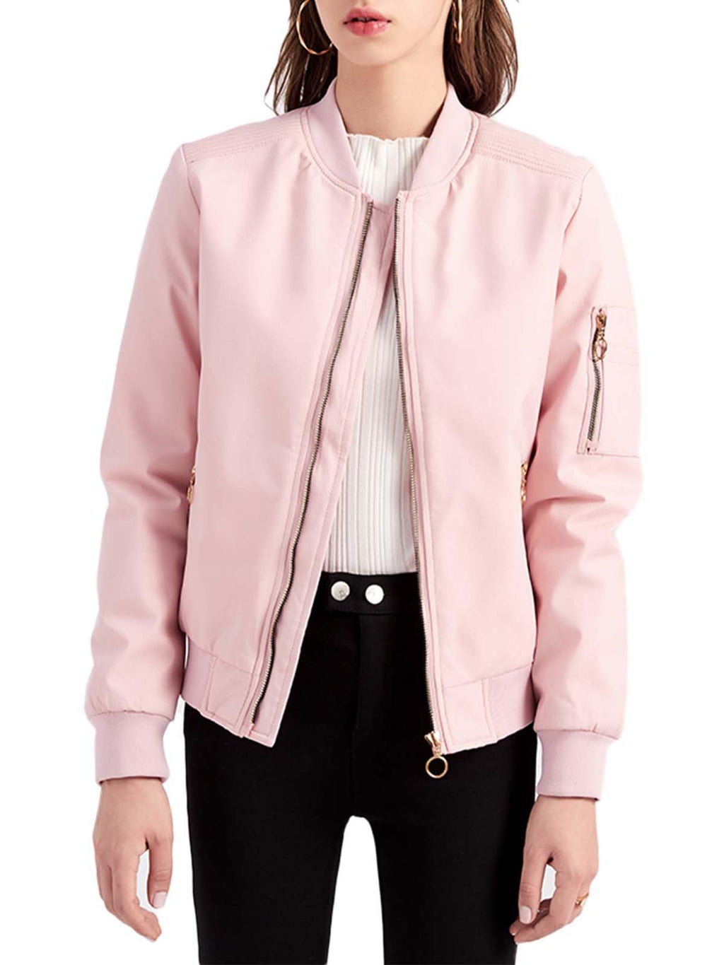 FHQueen Womens Bomber Jacket Lightweight Varsity Zip Up Coat Casual Long Sleeve Windbreaker color-pink 2XL