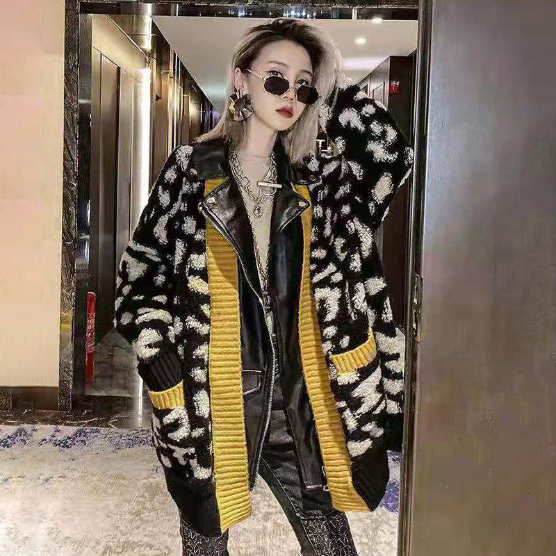 Leopard Print PU Leather Jacket with Zipper Pockets