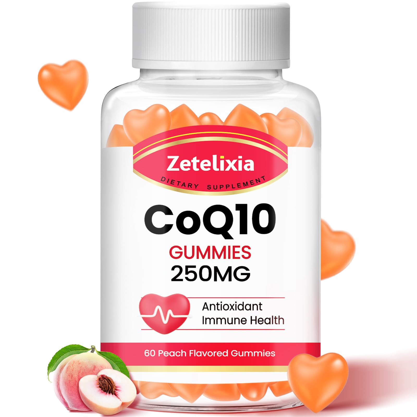 Zetelixia CoQ10 Gummies 250 mg 5X Better Absorption Coenzyme Q10 for Cellular Energy and Antioxidant Support 60 Peach Gummies