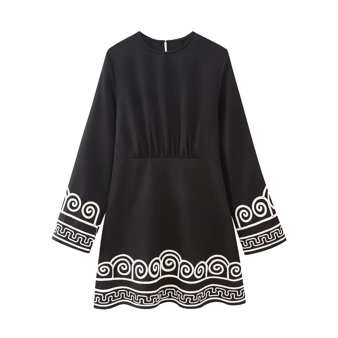 Summer Women's Color-Block Embroidered Long Sleeve Dress