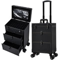 Professional 3 in 1 Rolling Makeup Case Cosmetology Case on Wheels 2 Large Drawer Nail Case Trolley Traveling Cosmetic Train Case with Makeup Pouch for Artists Nail Technician Salon Cart Trunk Black